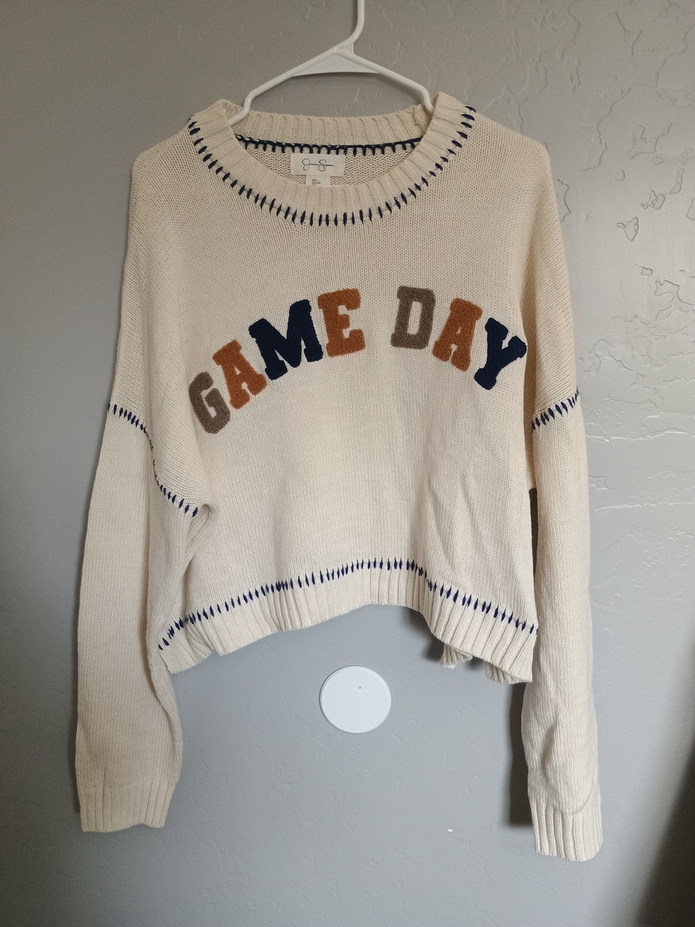 Jessica Simpson Cream Crewneck Sweater with Navy, Brown & Rust Lettering